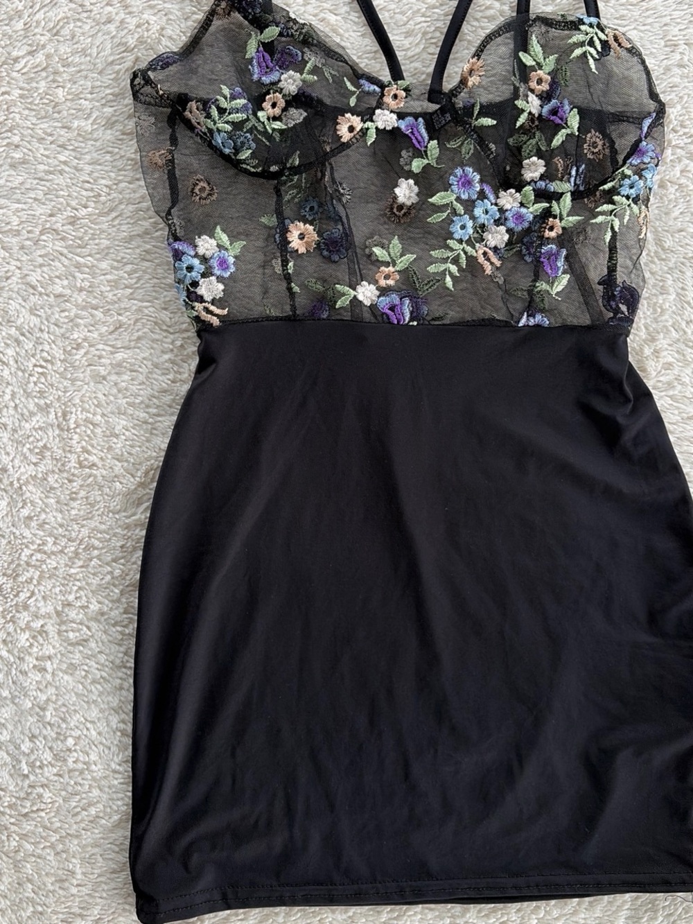 PrettyLittleThing Black Mini Dress with Embroidered Floral Bodice